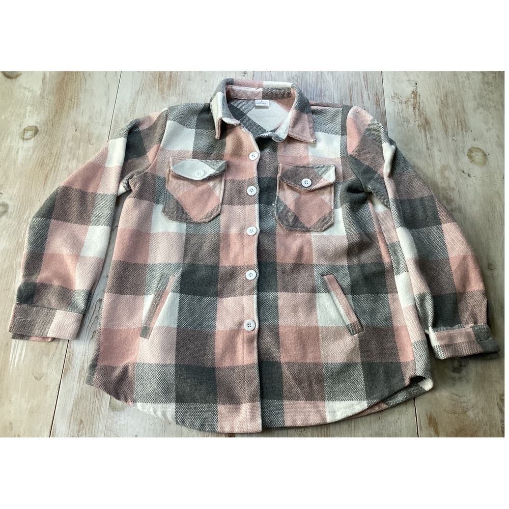 Womens Plaid Button Up Shacket Oversized Pink Gray White Size L